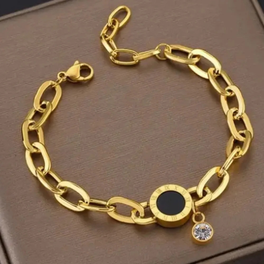 Gold link bracelet with clock and rhinestone charms w/ matching earrings - new!!